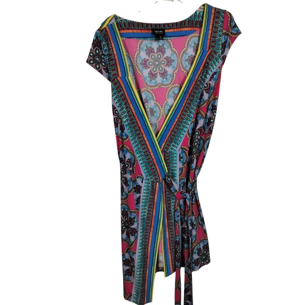 3819)Nicole Miller Multi  Color Mandala Pattern Cap Sleeve Wrap Dress Medium